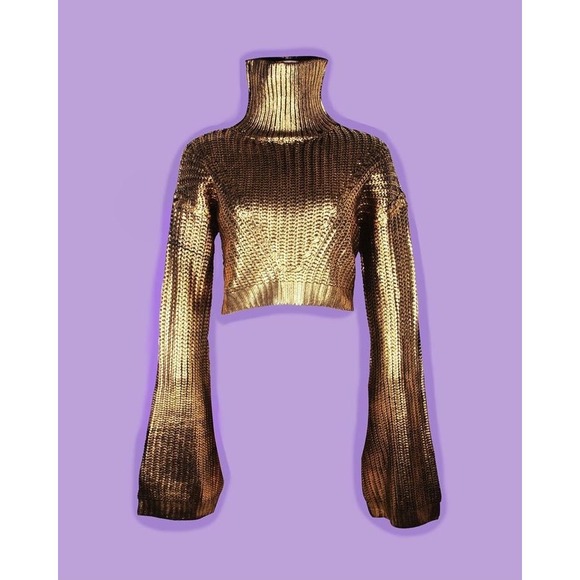 Hanifa XS Gold Metallic Knit Cropped Turtleneck Bell Sleeve Sweater NWT - Picture 4 of 12